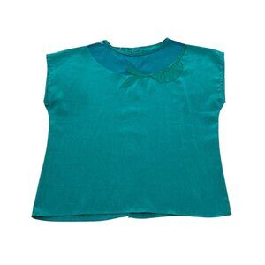 Vintage 1980s Green Sleeveless Top with Mesh Neck & Floral Stitch Detail